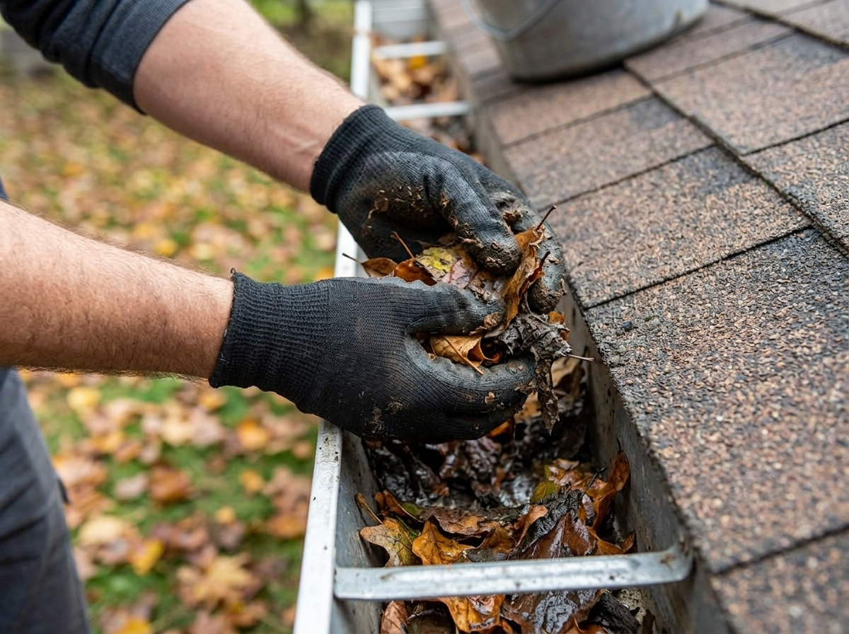 Gloved hands removing wet leaves and debris from a residential roof gutter