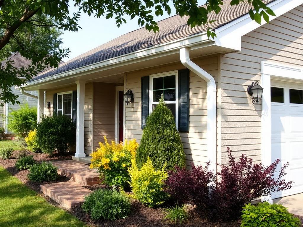 Residential home exterior with clean white gutters and tidy landscaping