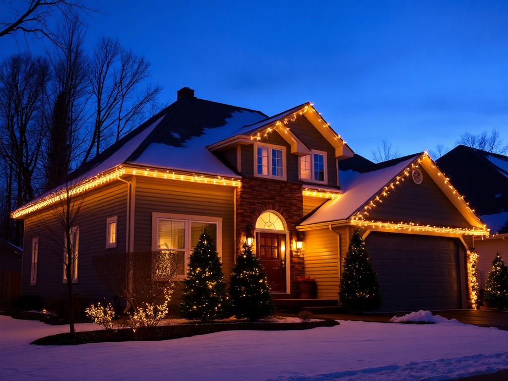 House with warm white Christmas lights installed along the rooflines