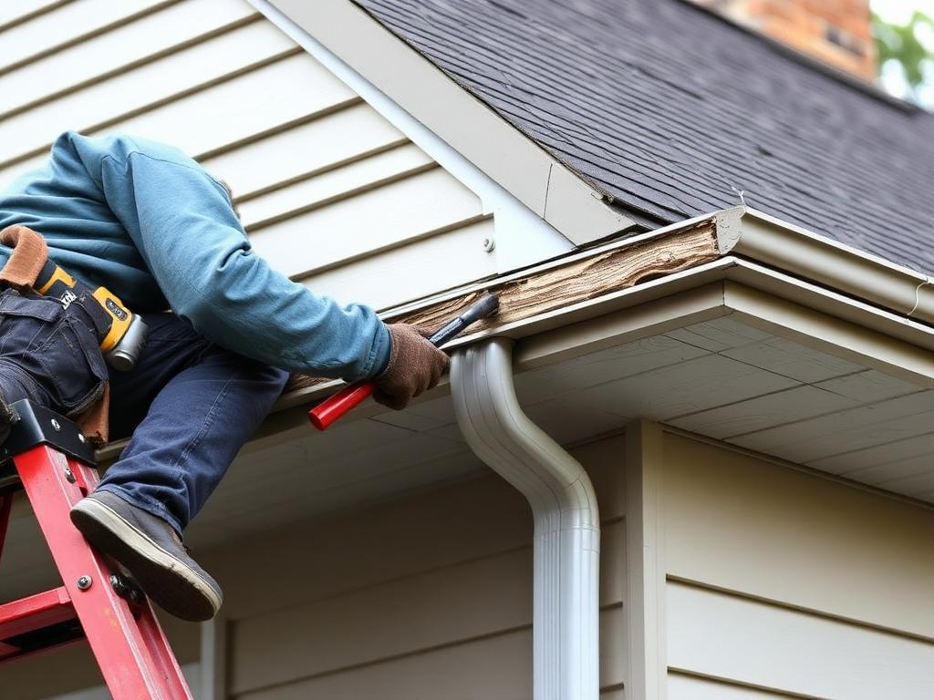 Technician on a ladder repairing a damaged gutter section on a house