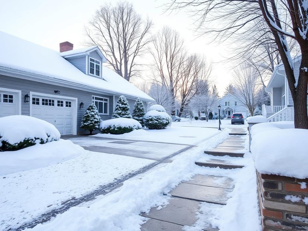 Roof and driveway cleared of heavy snow after a winter storm